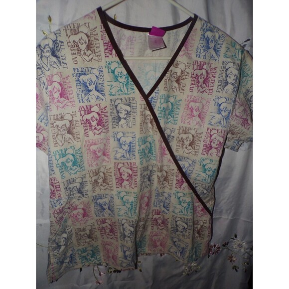 world of Disney Tinkerbell scrub work top scrubs sz Medium tan with brown trim - Picture 1 of 2
